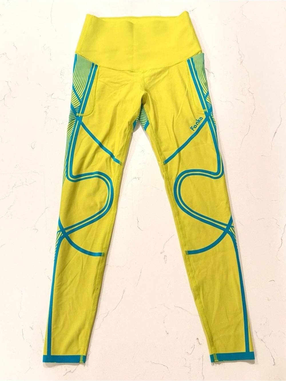 Fanka Body Sculpt Compression Leggings Women’s Small Yellow Blue Side Pockets